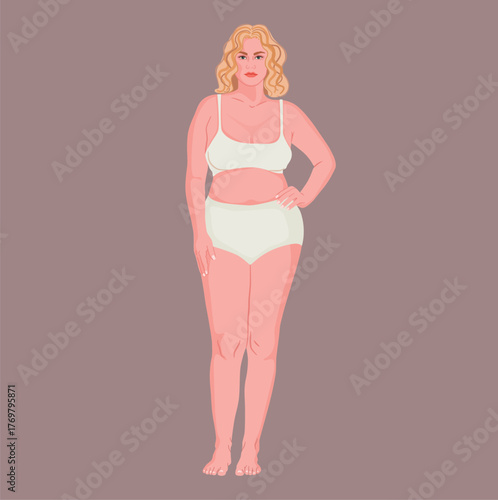 Plus size blond woman confident posing in white underwear. Normal diverse body concept, realistic illustration.