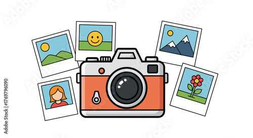 Vintage camera with instant photos illustration for photography hobbyists and retro style enthusiasts alike