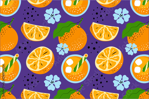Seamless Orange Fruits Pattern on Violet Background. Hand-drawn Citrus Illustration, Hero Image