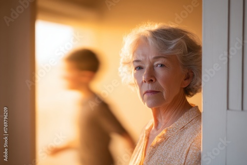 Elderly woman with silver hair stands in doorway, illuminated by warm sunlight, gazing thoughtfully as a blurred figure moves in the background, capturing a moment of reflection