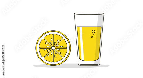 Illustration of fresh lemon slice and glass of lemonade drink for summer refreshment and juice bar menu design