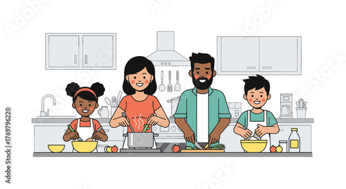 Family cooking together in kitchen illustration healthy eating lifestyle home cooking happy family time