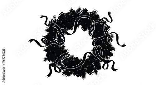 Festive evergreen wreath adorned with elegant dark ribbons, celebrating the winter holiday season