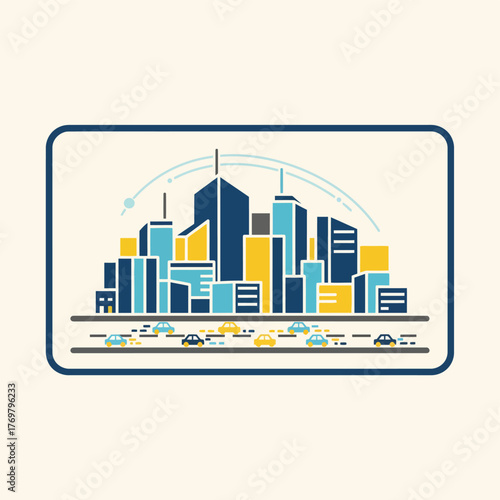 A 3D cityscape simulation on a large screen illustrating urban navigation with multilayered buildings and car movement.