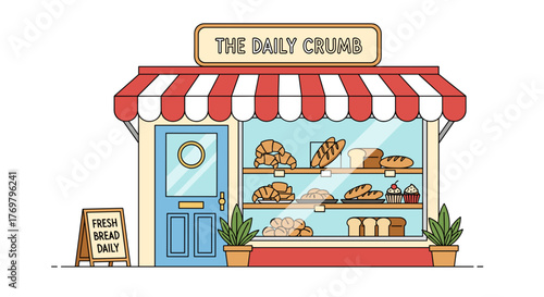 Bakery shop front illustration with fresh bread croissants and pastries daily baked goods and desserts