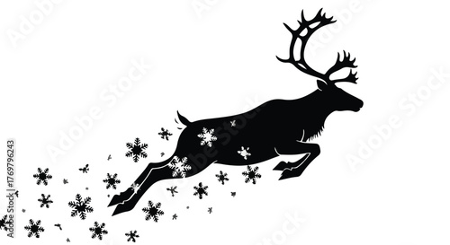 Majestic reindeer leaps through a flurry of snowflakes, evoking winter magic and festive spirit.