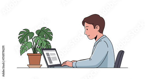 Illustration of man working on laptop at desk with plant for remote work and home office concepts