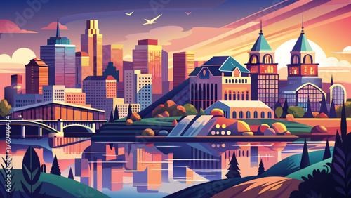 Very beautiful Laval vector travel poster in cinematic minimal landscape art style, featuring the city skyline, riverfront, and modern architecture with soft sunset tones highlighting Quebec’s urban 