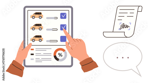 Hands reviewing car options on a digital tablet with checklist, progress bars, and chart. Includes signed document and speech bubble. Ideal for decision-making, reviews, contracts, evaluations