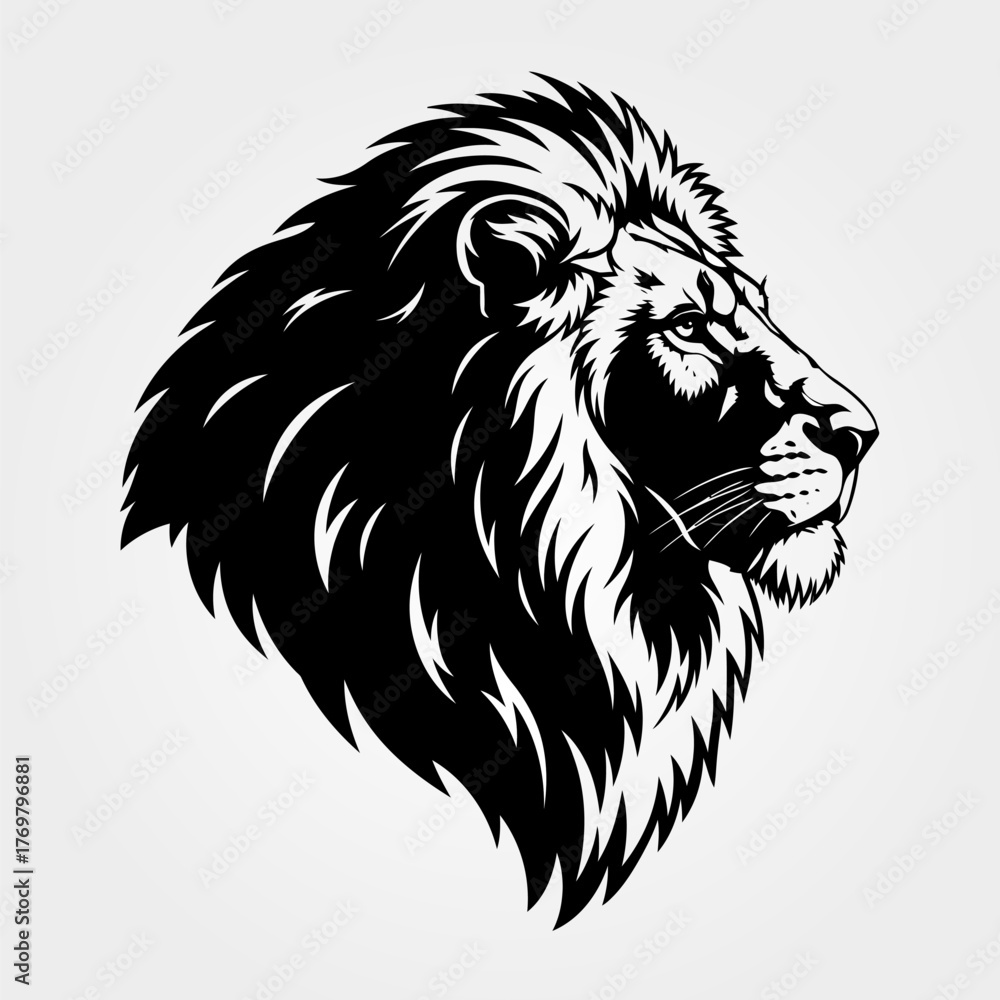 Fototapeta premium Black and white vector illustration of a majestic lion head profile.