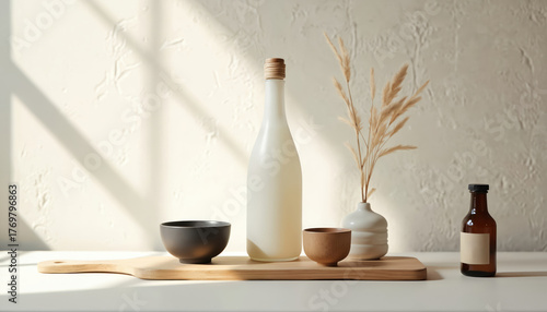 Table setup includes Korean rice wines soju and makgeolli. Beige background with pampas grass arrangement, two bowls on wooden board. Soft light adds warmth, promotes traditional alcohol.
