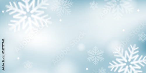 Christmas, New Year, Happy Holidays invitation, card design vector.  Christmas falling snowflakes. Soft gradient. Blurred background. Winter sky, landscape in pale soft blue, grey shades.