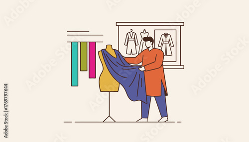 Fashion designer in studio draping blue fabric on a mannequin, refining patterns and details for bespoke garments in a creative atelier focused on tailored craftsmanship and style