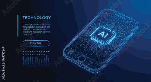 AI Smartphone, Digital Microchip, Futuristic Circuit, Blue Glow, Technology Interface, Data Visualization, Mobile Intelligence, Abstract Waves, Innovation, Tech Design