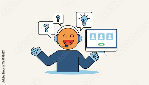 Customer service operator wearing a headset and microphone, offering assistance, answering questions, and providing solutions for clients using a computer with user profiles