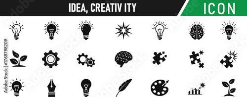 Idea, creativity glyph icon set. Including Lightbulb, Brain, Puzzle Piece, Rocket, Paintbrush, Gear, Key, Arrow. Vector silhouette sign illustration