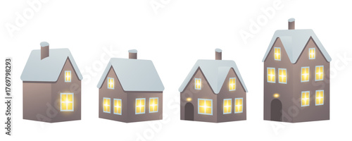 Cute brown winter houses with snow on the roofs and glowing, warm windows. Winter village illustration on a white background.