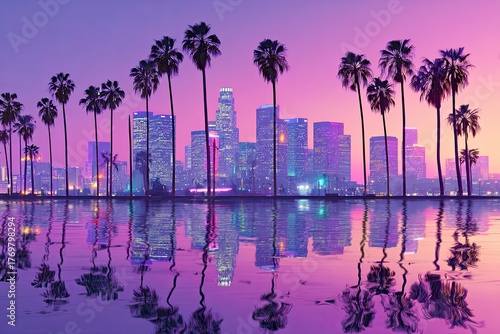 Vaporwave cityscape at sunset featuring reflective skyscrapers and palm trees, creating a vibrant and surreal urban atmosphere with stunning colors and reflections in the water
