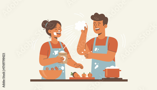 A lively cooking session where a couple makes a meal together complete with flour fights and laughter in the kitchen.