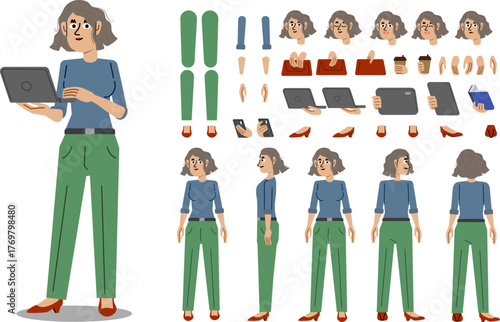 Detailed vector character builder for animation, modern young businesswoman with a laptop, front, side and back views, with various customizable poses, expressions and body parts for motion graphics