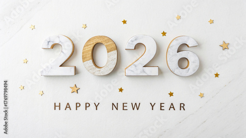 Celebrate the exciting arrival of 2026 with elegant marble numbers and sparkling golden stars, perfect for festive greetings and New Year announcements.