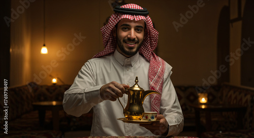 A Saudi man drinks coffee in a movie scene