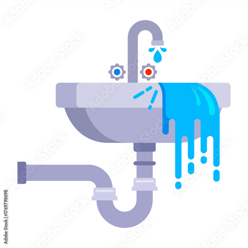 Water leaking from the toilet sink. Flat illustration.