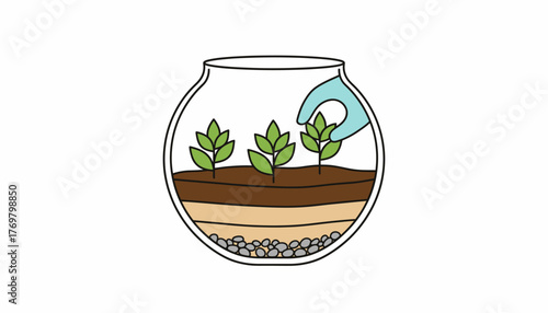 A DIY terrarium being assembled in a glass bowl with layers of soil pebbles and small succulents.