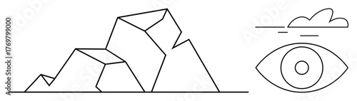 Geometric-style mountains, an abstract eye, and simple clouds. Ideal for vision, goal-setting, creativity, exploration, perspective awareness abstract thinking. Simple flat metaphor