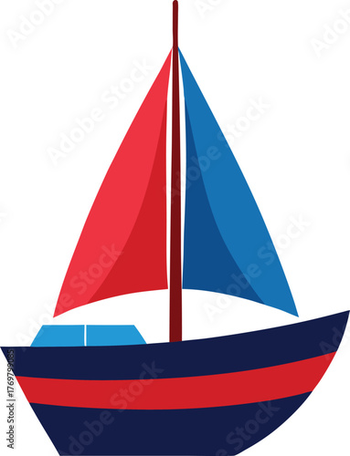A vibrant illustration of a classic sailboat with red and blue sails and a dark hull with red stripes on a white background