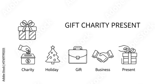 A thin line icon set representing gift, charity, holiday, business, and present, with a gift box illustration at the top, symbolizing concepts of giving, generosity, and commercial transactions
