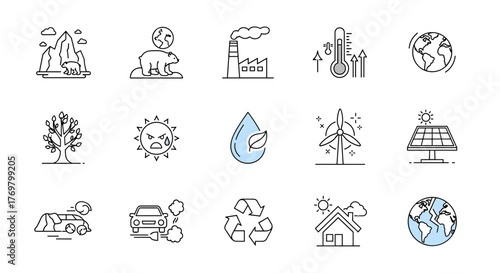 Global warming minimalistic thin line icon set for web and graphic design, apps, banners, social network and cards, vector cartoon illustration with a white background. Includes icons for melting