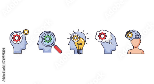 Set of five stylized human head profiles illustrating cognitive processes, including gears, a magnifying glass, a lightbulb, and a brain, representing ideas, analysis, and thought, perfect for