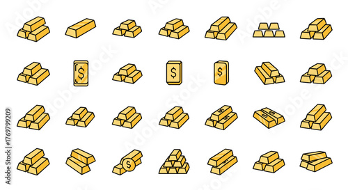 Golden Treasure Trove: A Diverse Collection of Gold Bar Icons with Dollar Signs, Showcasing Wealth, Investment, and Financial Success, Perfect for Business and Finance Themes, Rendered in a Clean