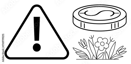 Exclamation mark in warning triangle, coin with dollar sign, and blooming flowers. Ideal for safety, finance, nature, sustainability, caution growth investment ideas. Simple flat metaphor