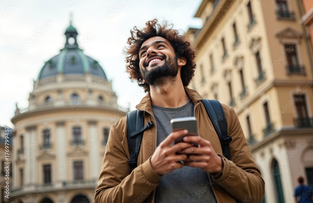 Fototapeta premium Young happy man with curly hair, beard smiles using smartphone in old European city. Tourist with backpack looks up in urban town street holding phone. Male traveler explores town with mobile device.