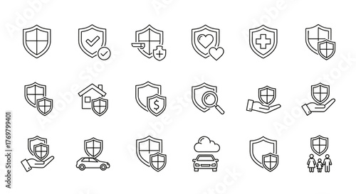 Minimalistic linear shield and defense icon pack, representing insurance and protection. This collection features a variety of icons including a shield with a checkmark, a shield with a heart, a