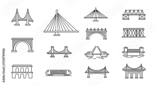 Collection of diverse bridge line icons, showcasing various architectural styles and engineering marvels, ideal for transportation and infrastructure themes, presented as a clean, ordered set on a
