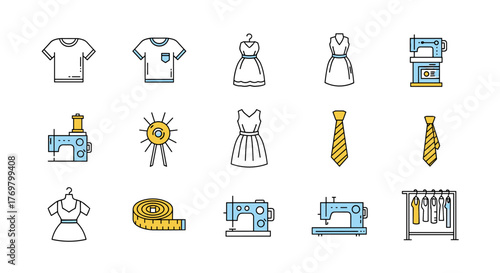 Vivid collection of modern line icons representing sewing and garment industry elements, including t-shirts, dresses, ties, sewing machines, measuring tape, and a clothing rack, perfect for web