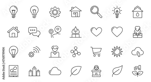 A curated collection of simple, isolated line icons, perfect for web, books, cards, and apps. Each icon features an editable stroke and is presented on a clean white background, offering versatility