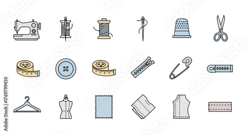 Set of 16 sewing and garment outline style icons, including a sewing machine, thread spools, needle, thimble, scissors, measuring tape, button, zipper, safety pin, hanger, mannequin, fabric swatch