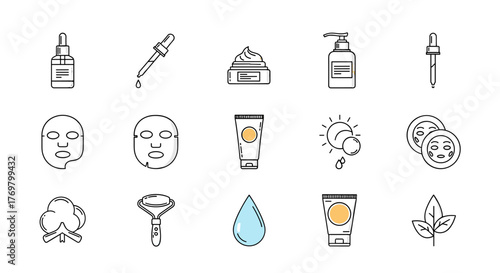 Minimalistic linear icon pack for skin care products, featuring serums, creams, face masks, and beauty tools, perfect for web, graphic design, apps, banners, social networks, and cards, presented in