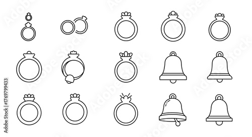 Collection of outline icons representing rings and bells, perfect for wedding invitations, engagement announcements, or celebratory graphics. This editable stroke vector set includes various ring