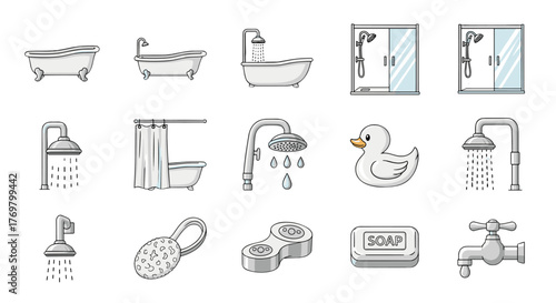 Vector cartoon illustration bundle of line icons for shower and bathtub elements, perfect for graphic and web design, apps, adverts, and various cards, featuring a clean outline style with white