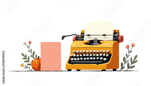 Vintage typewriter with a birthday card illustration