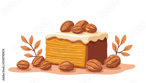 Vegan carrot cake topped with walnuts illustration