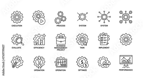 Set of thin line icons representing business processes and management concepts, including execution, process, system, evaluate, efficiency, business management project, task, implement, operation