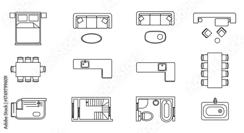 Set of isolated linear icons for interior design, presented in a top-down view. This vector illustration features essential furniture and elements for apartments, including a bed, sofas, coffee