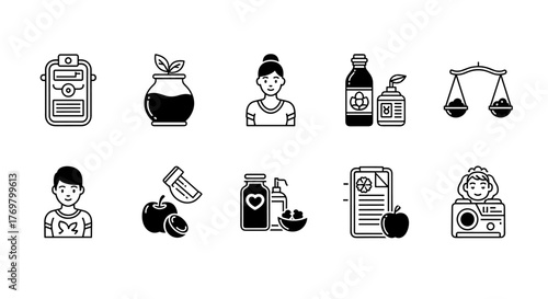 A collection of clean, modern line art icons representing a healthy lifestyle, including elements of diet, exercise, sleep, relationships, running, daily routine, self-care, and hobbies, presented on
