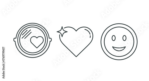 Set of outline icons representing positive self-image: a mirror reflecting a heart, a sparkling heart, and a smiling face, symbolizing self-love, confidence, and happiness, perfect for lifestyle and